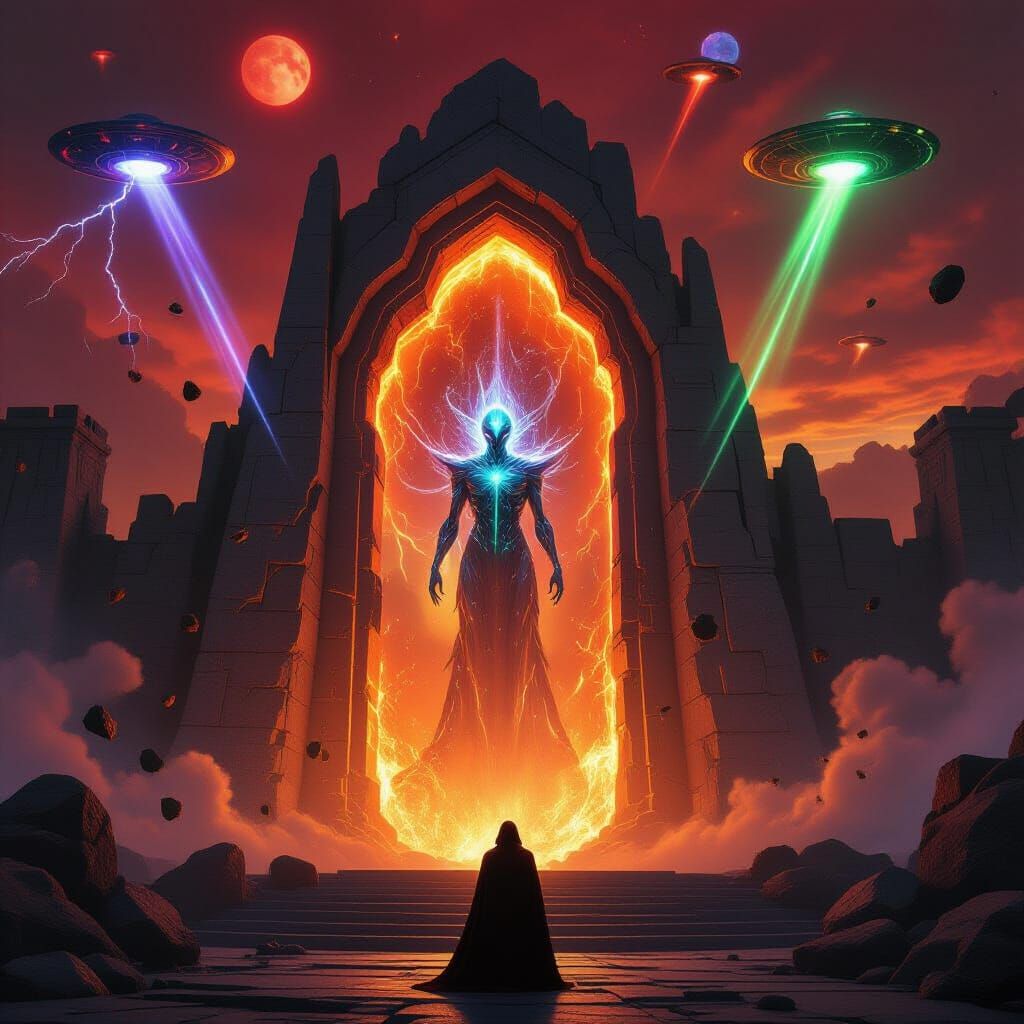 Colossal Stone Fortress with Fiery Portal & Alien Figure