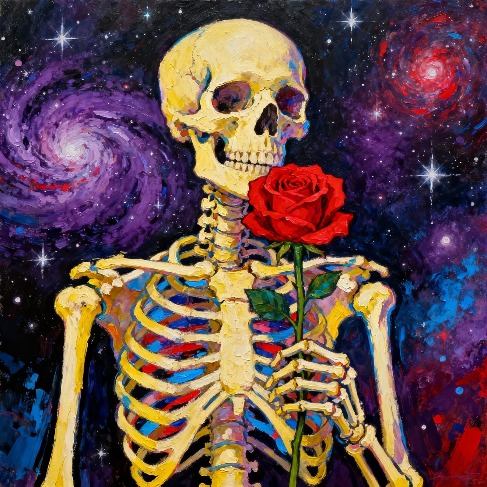 Neo-Expressionist Vanitas Painting of Skeleton and Rose