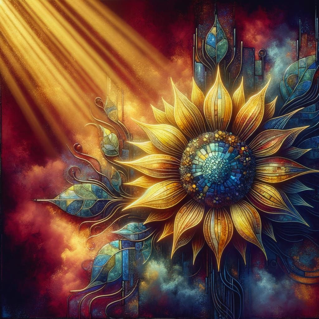 Glass Sunflower Collage in Gothic Impressionist Style