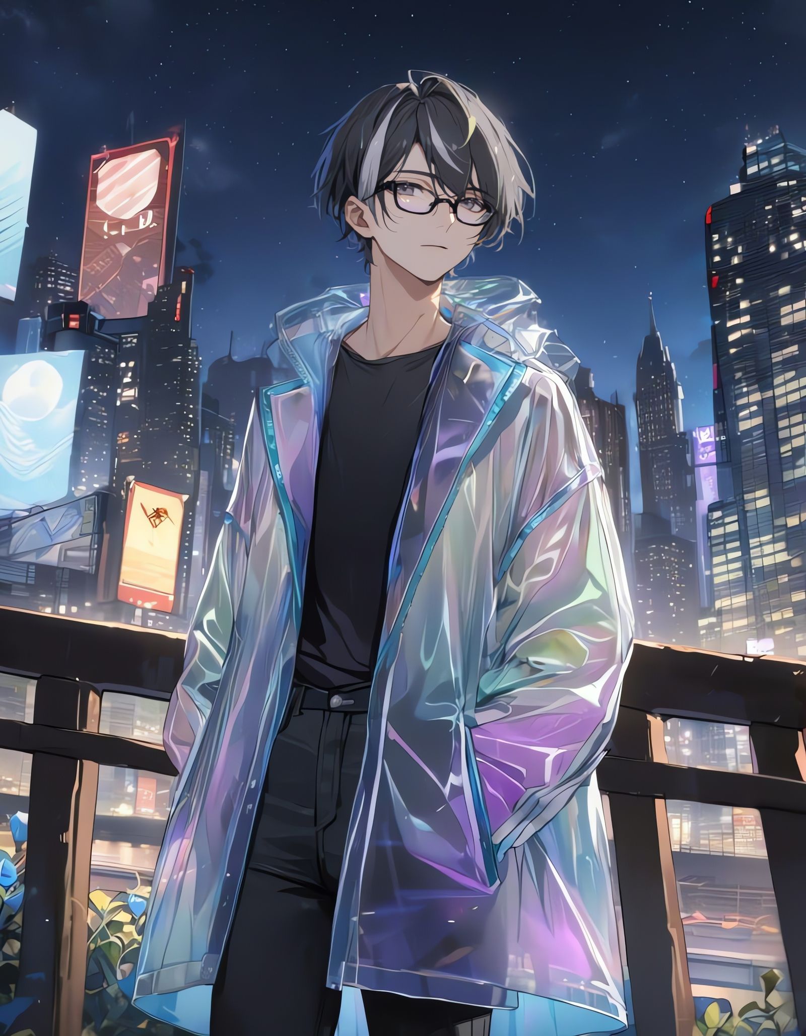 Bishounen in Holographic Clothing Under City Lights