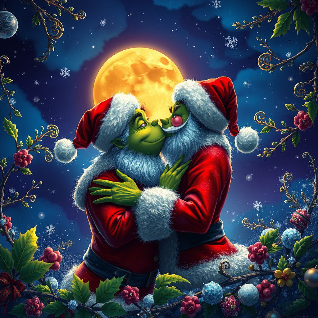 Santa and Grinch Share a Kiss in Fantasy Art