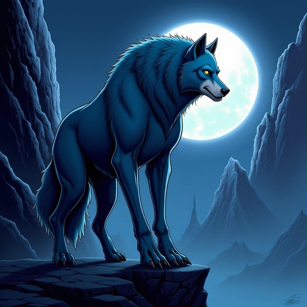 Majestic Wolf on Cliff Under Moon, Fantasy Art