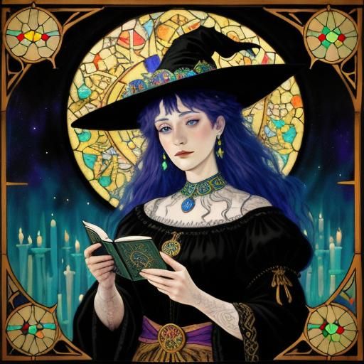 Mystical Witch Reading Tarot Cards, Klimt-Inspired Art