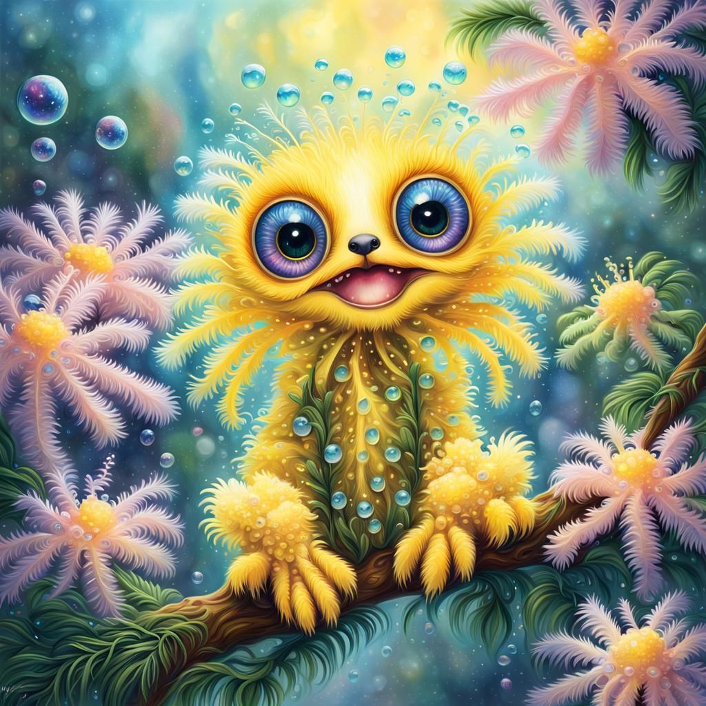 Cute Mimosa Flower Creature in Cosmic Painting Style