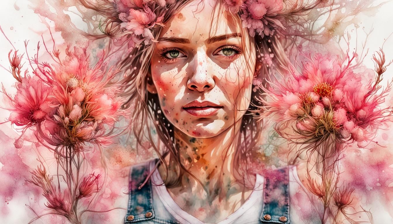 Floral Double Exposure with Figure in Watercolor Style