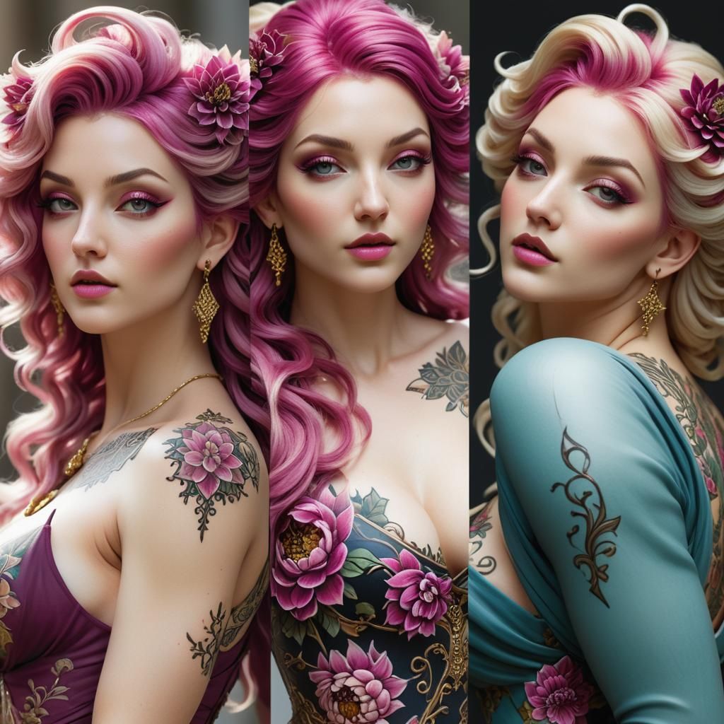 Goddess with Dahlia Tattoos in Baroque Style