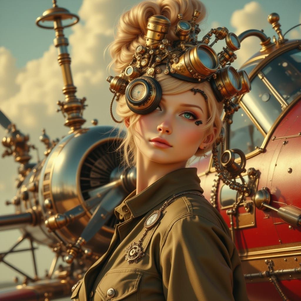 Steampunk Adventuress on Airship in Pin-Up Style