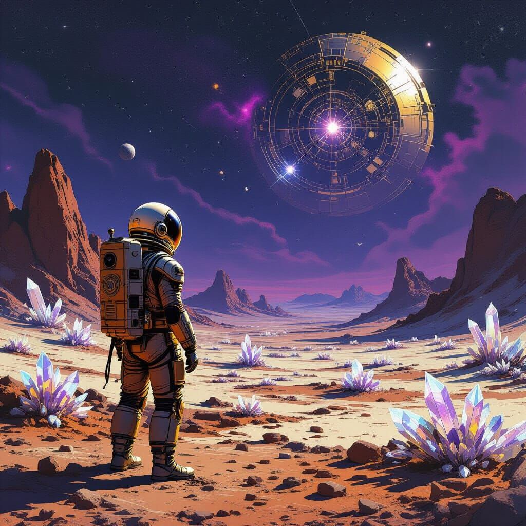 Steampunk Astronaut on Alien World with Clockwork Nebula