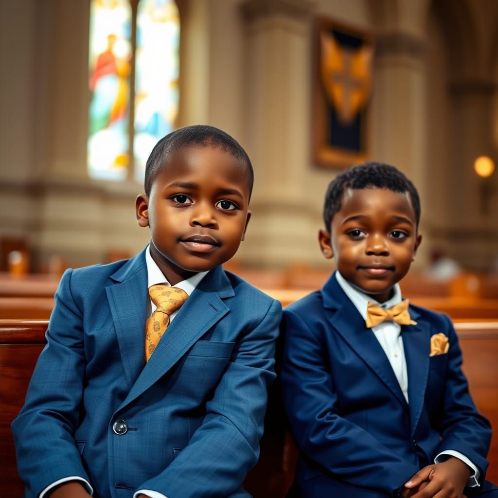 Twin Boys in Blue Suits, a Church Setting