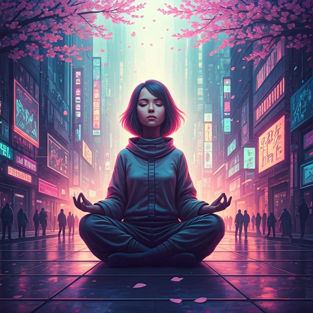 Cyberpunk Girl Meditating in Digital Dreamscape
