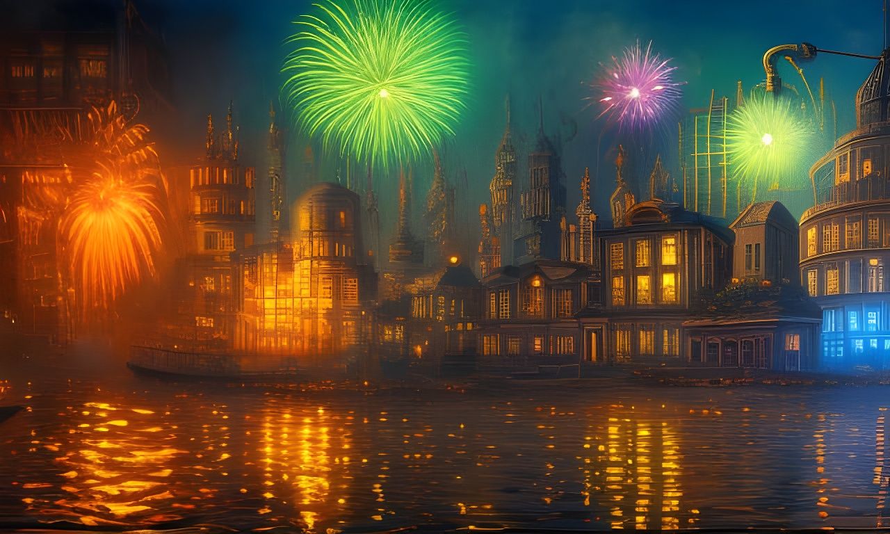 Steampunk City Fireworks in Dark Fantasy Style