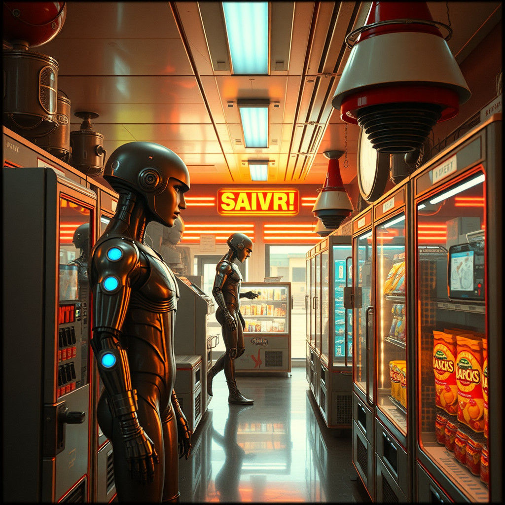Retro-Futuristic Alien Gas Station with Androids