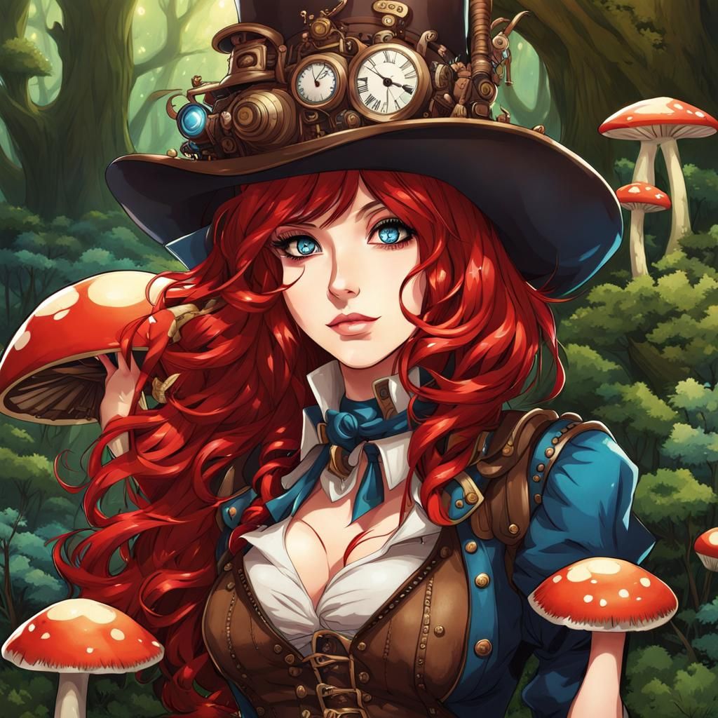 Cute Steampunk Cowgirl in Mushroom Forest, Anime Style