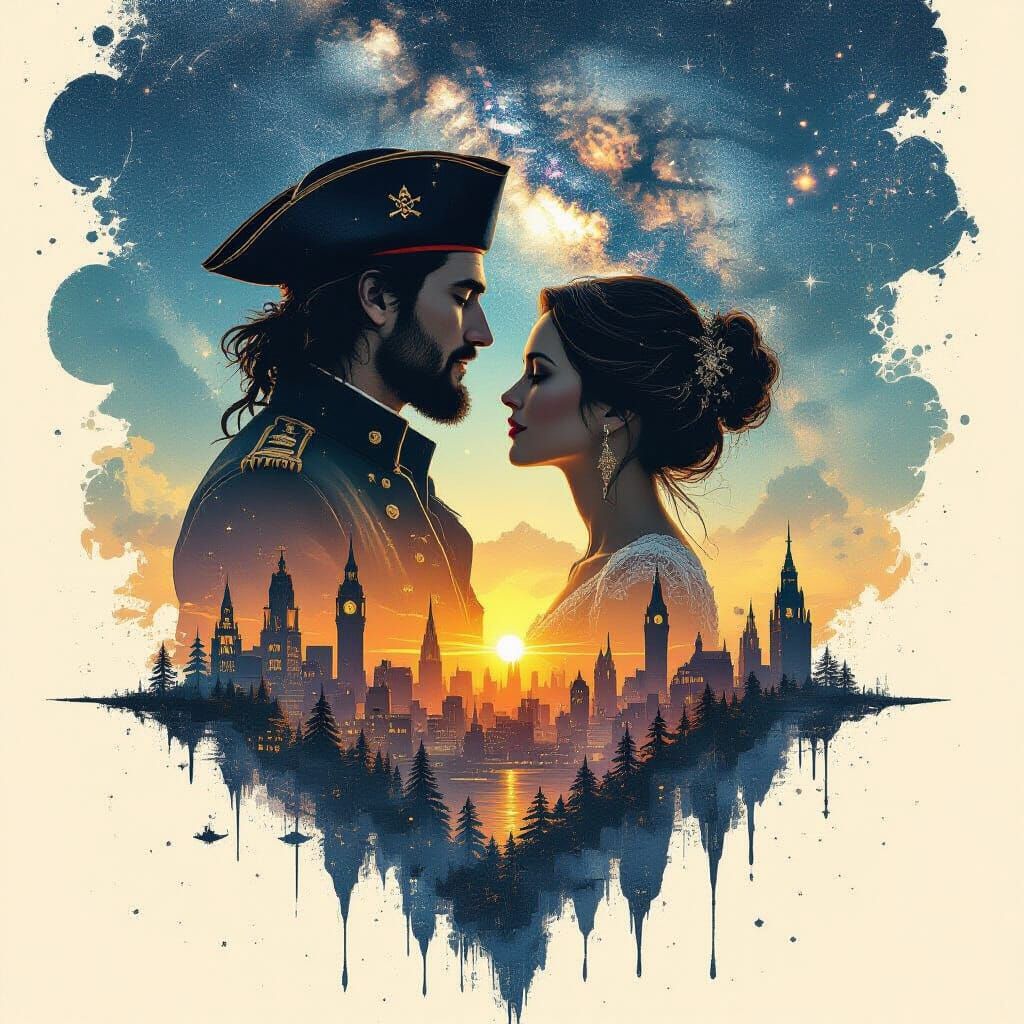 Galaxy Drips into Cityscape with Pirate King and Queen