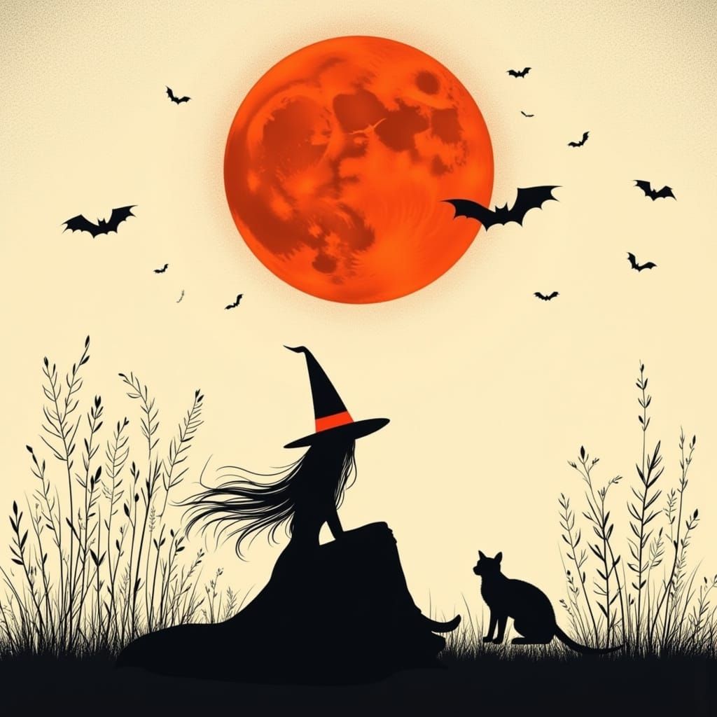 Witch and Cat Silhouette Under Blood Moon