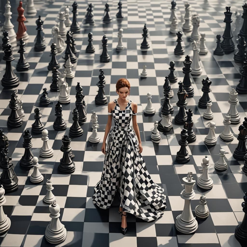 Chessboard Catwalk with Checkered Dress, Fantasy Art