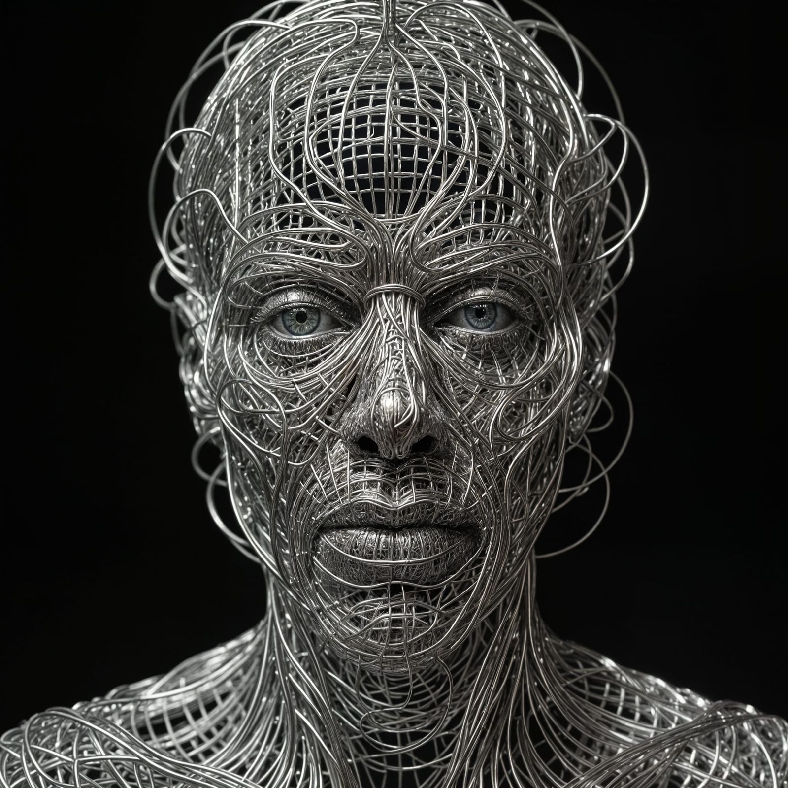 Detailed Wire Mesh Sculpture of Human Head