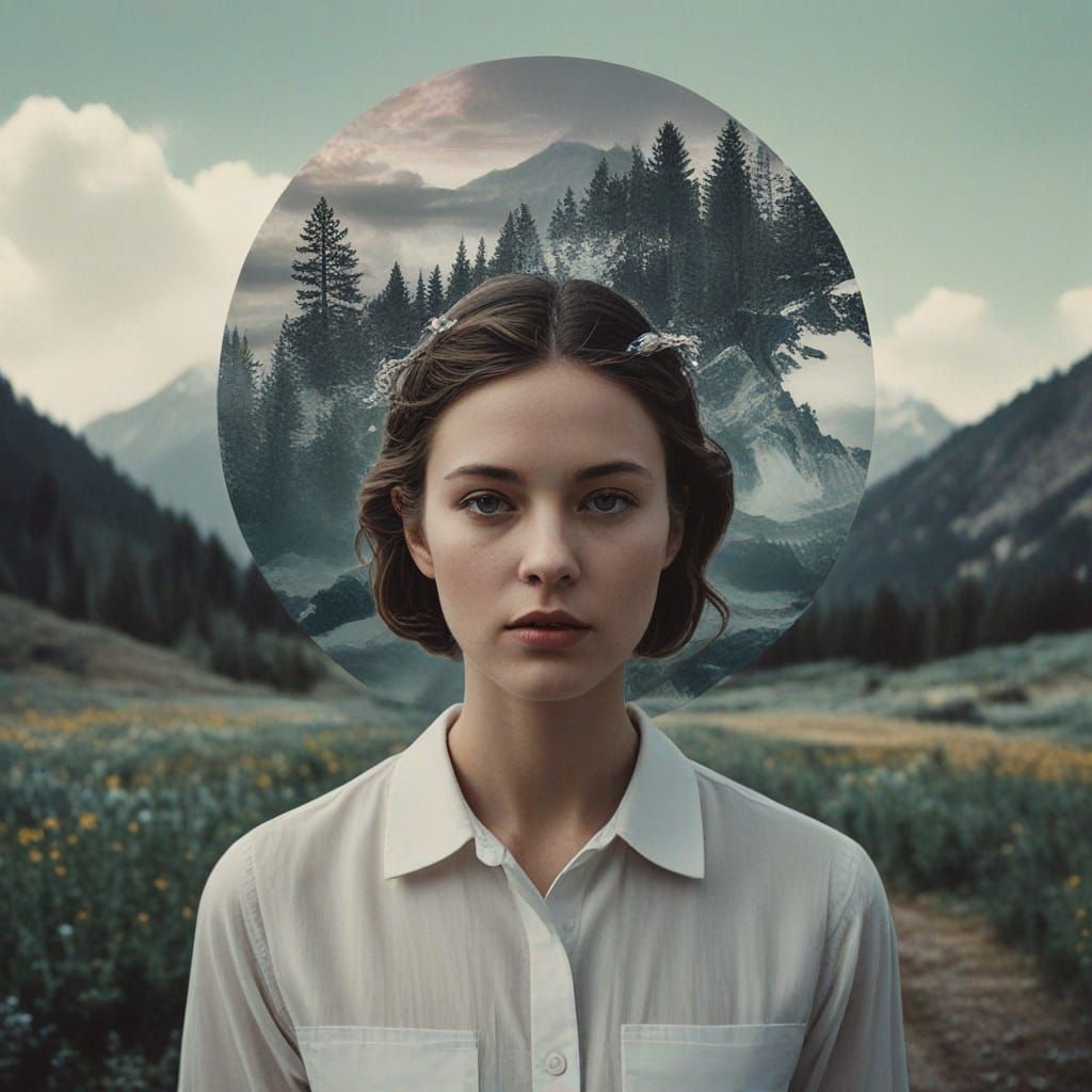 Cosmic Double Exposure Collage with Glitch Accents