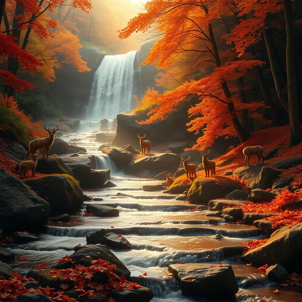 Autumn Waterfall in Ancient Forest with Magical Animals