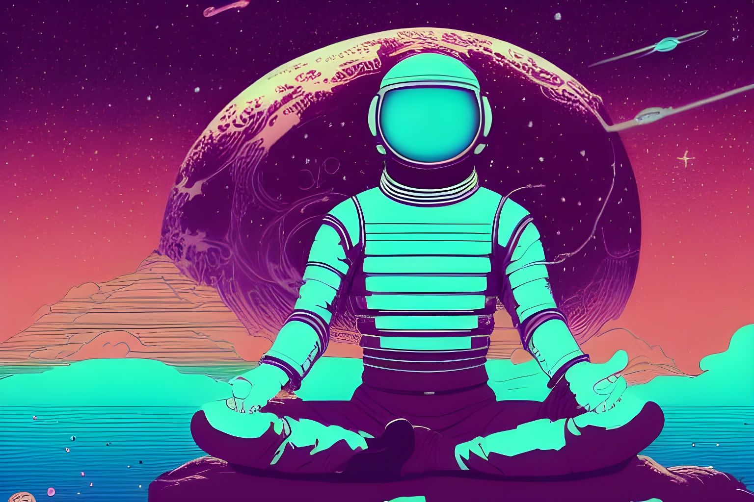 Meditating Astronaut in Cosmic Nebula: Digital Illustration