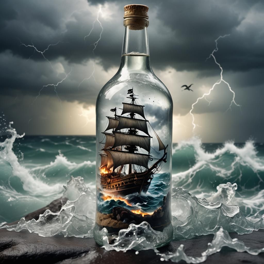 Pirate Ship Trapped in Stormy Bottle