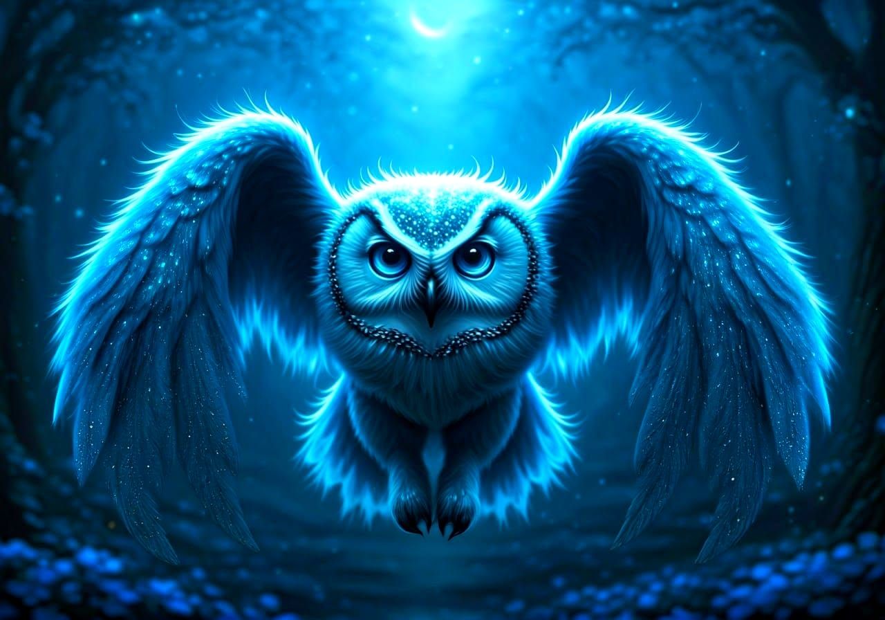 Majestic Glowing Blue Owl Soaring Through Forest