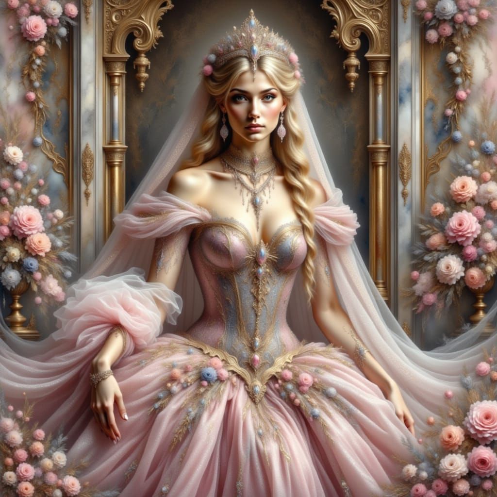 Princess in Elegant Pink and Gold Gown