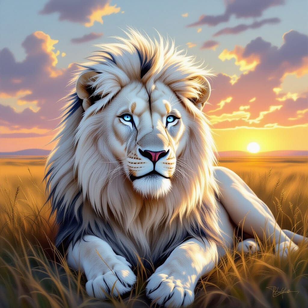 Majestic Albino Lion in Golden Dawn Savanna Oil Painting