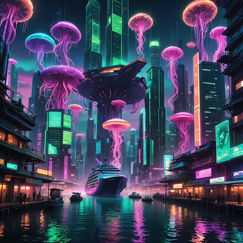 Cyberpunk Harbor with Hologram Ships and Sea Life