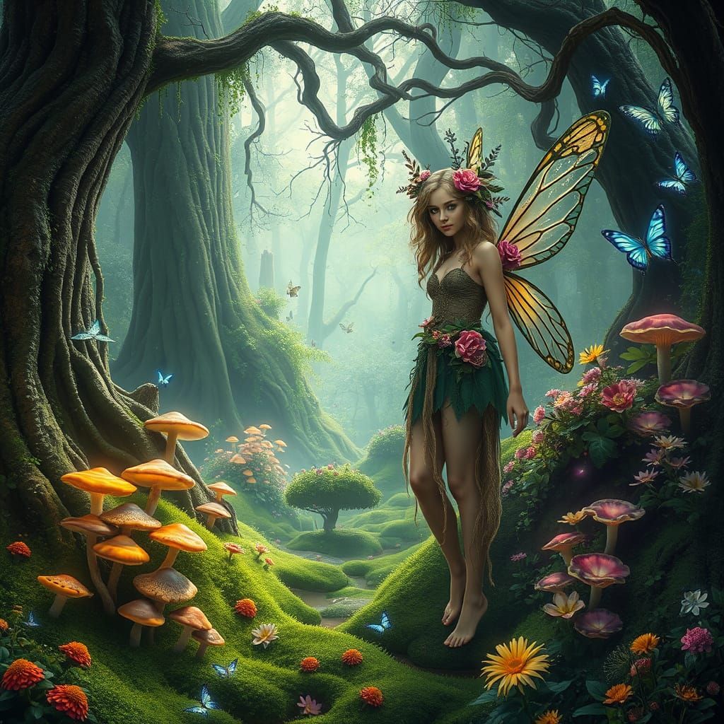 Enchanted Fairy Amidst Vibrant Forest in Whimsical Art