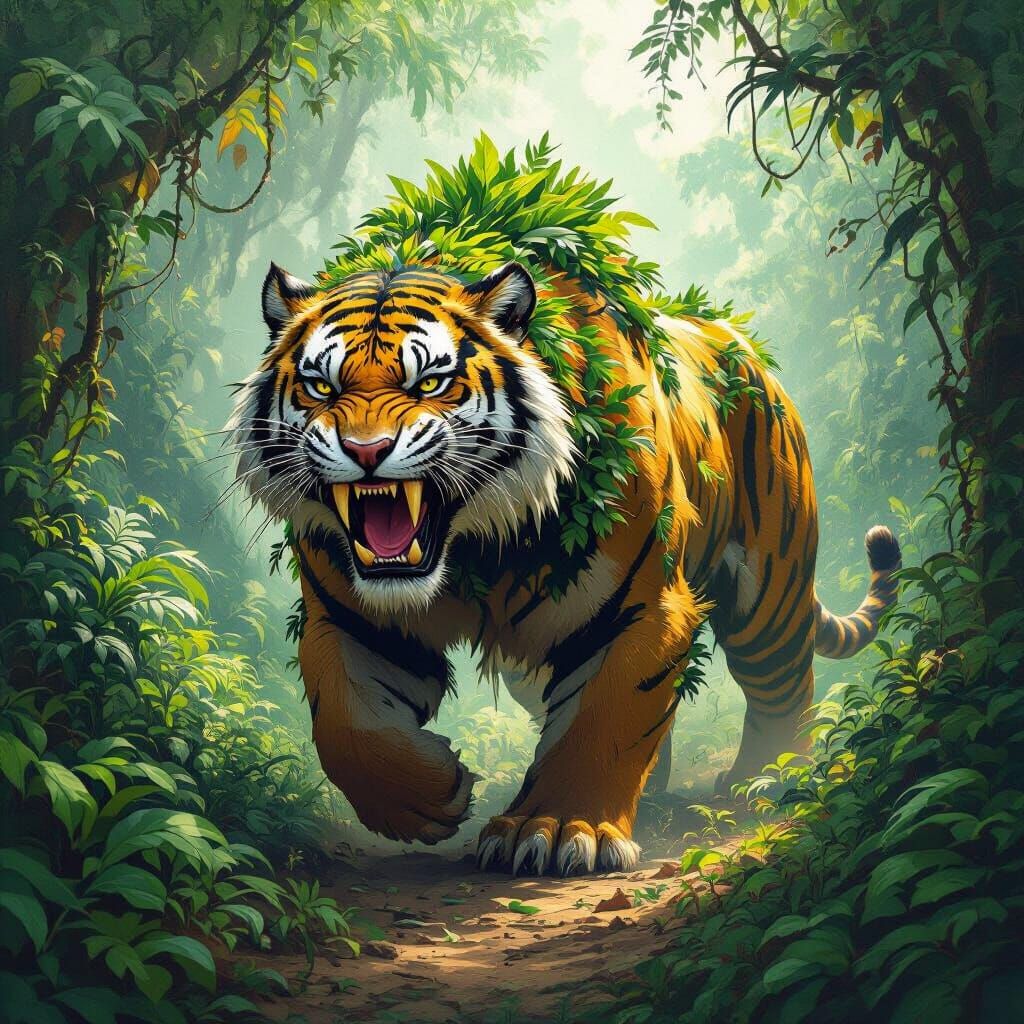 Sabre-Toothed Tiger Roaming Paraguay Rainforest, Digital Art