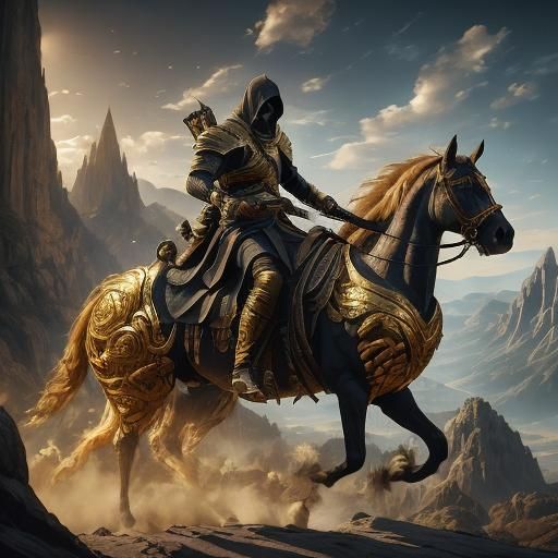 Assassin Riding Horse Through Misty Mountains