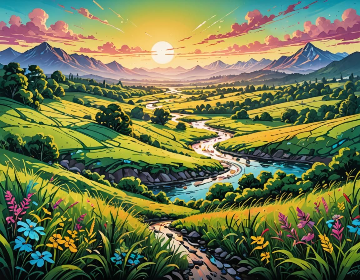 Colorful Meadow Landscape with Graffiti Art Elements