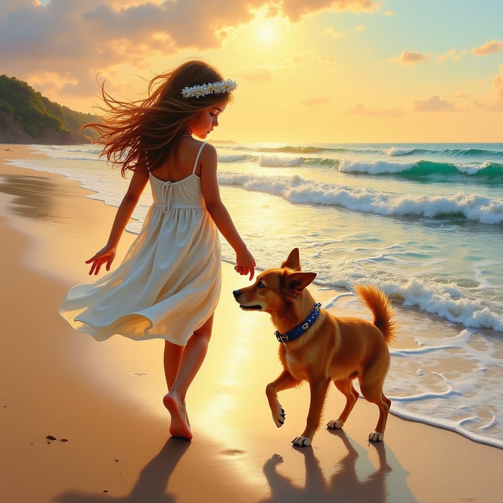 Girl and Dog on Beach at Sunset, Impressionist Oil Painting