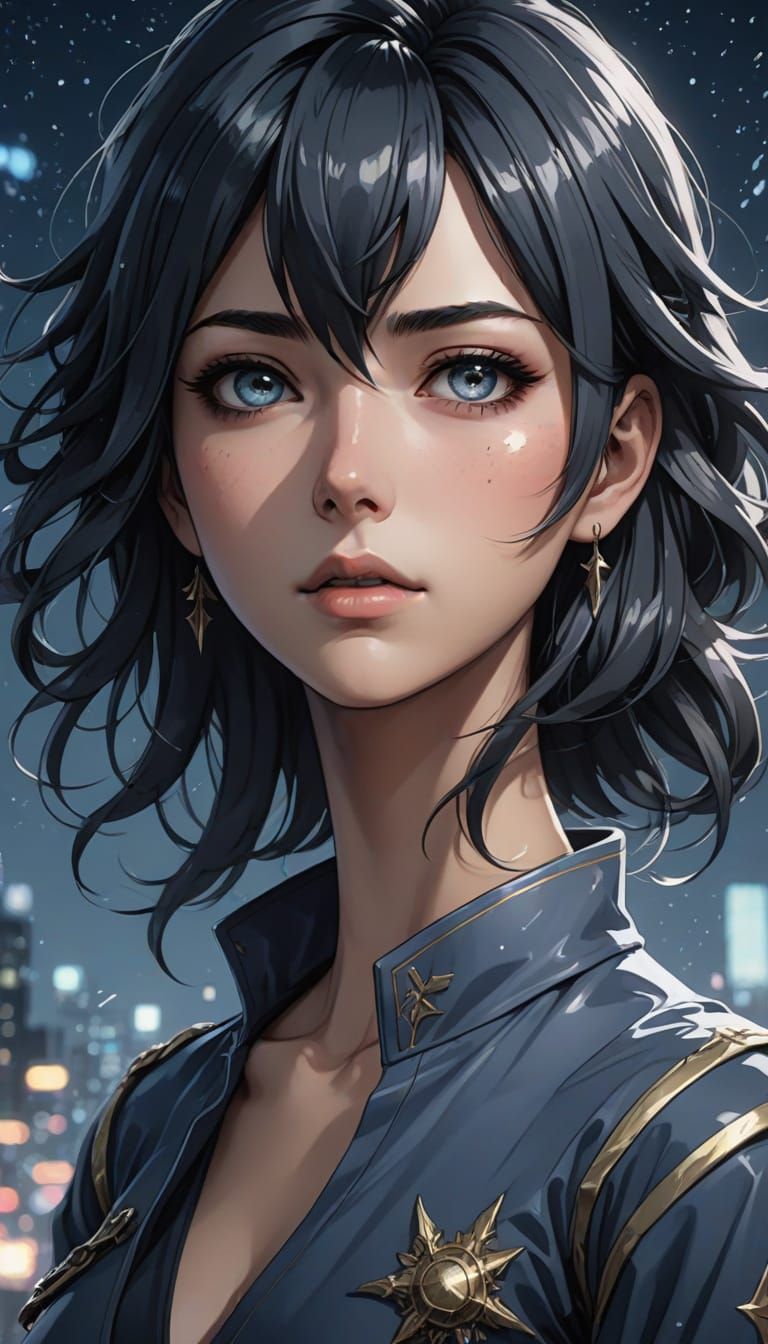 Mysterious Anime Woman with Steel-Gray Eyes