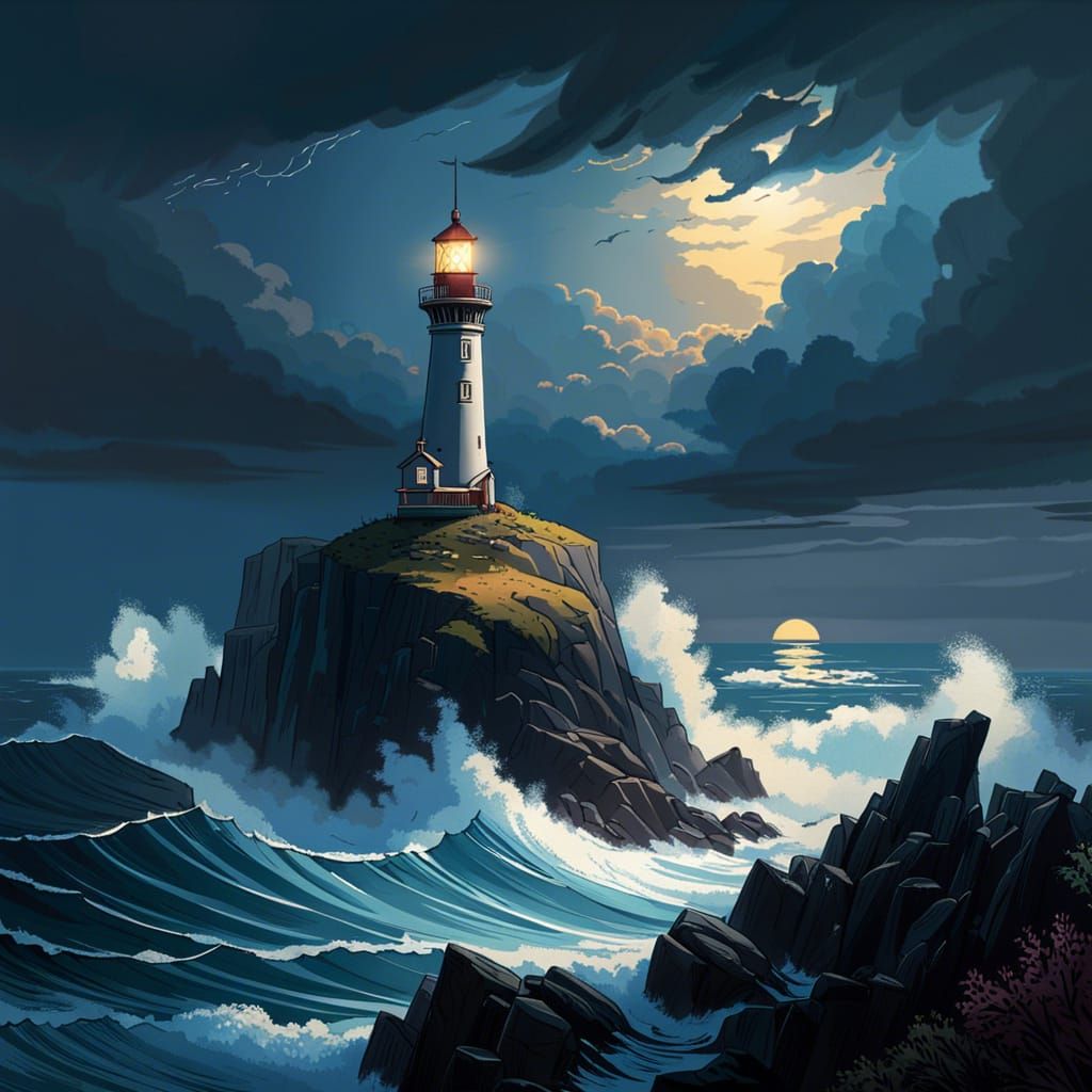 Stormy Lighthouse on Rocky Island, Impasto Oil Painting