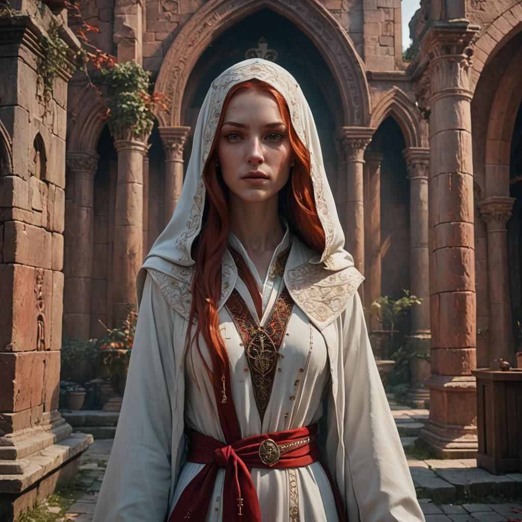 Red-Haired Priestess Outside Convent: Fantasy Art