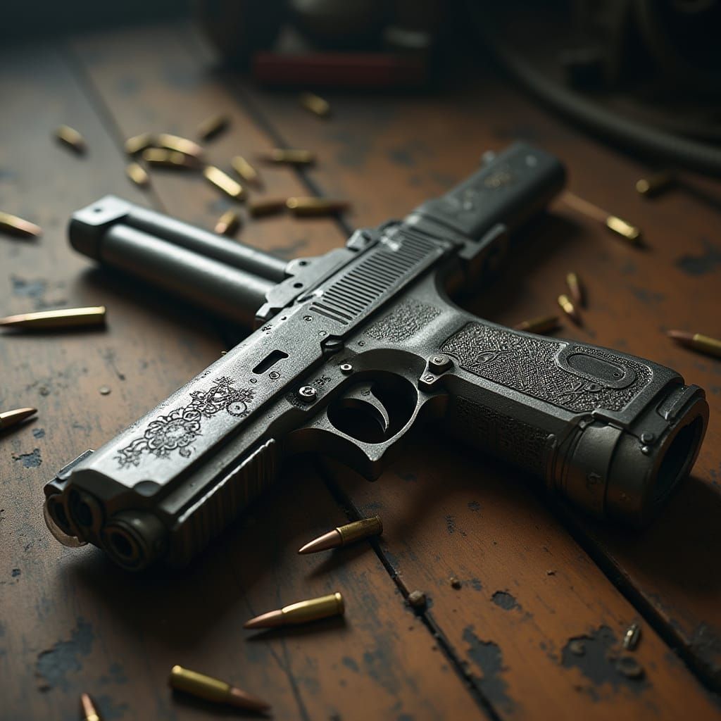 Sleek Engraved Pistol on Wooden Table