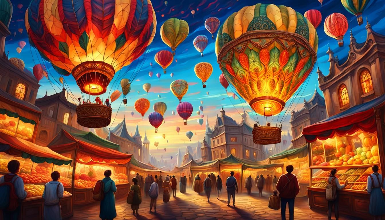 Fantastical Market Scene with Ornate Hot Air Balloon