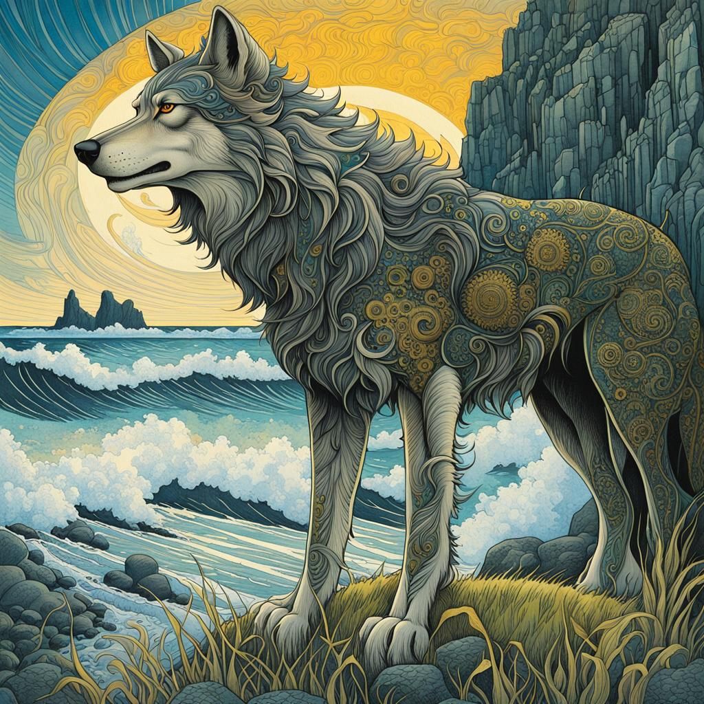 Cybernetic Wolf on Iceland Shore: Digital Illustration