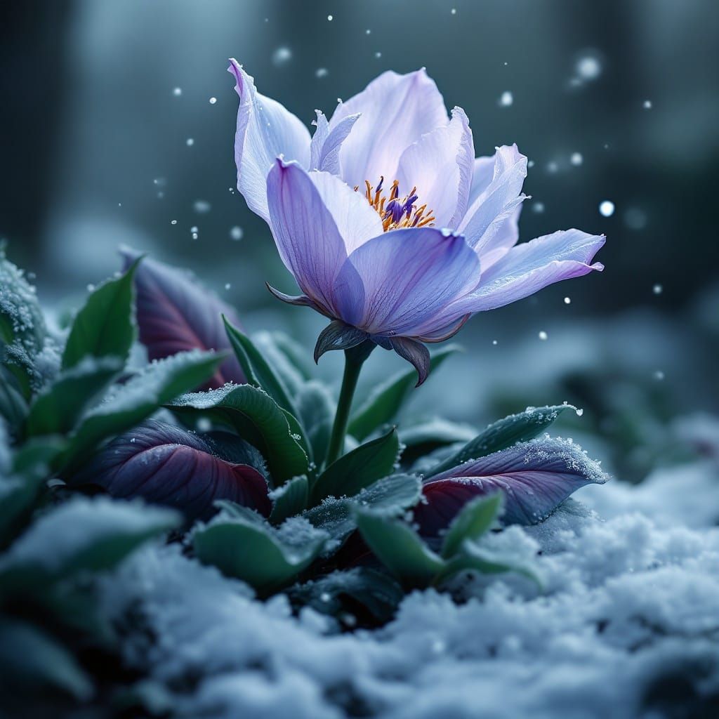 Hyperrealistic Flower Emerges from Snowy Winter Soil