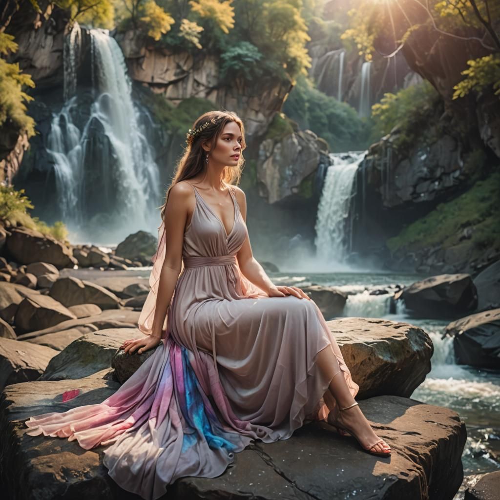 Enchanting Waterfall Fantasy with Woman in Flowing Dress