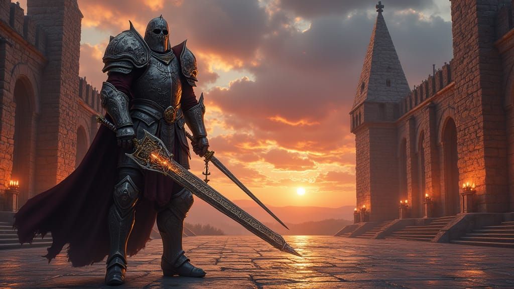 Medieval Fantasy Warrior in Castle Courtyard