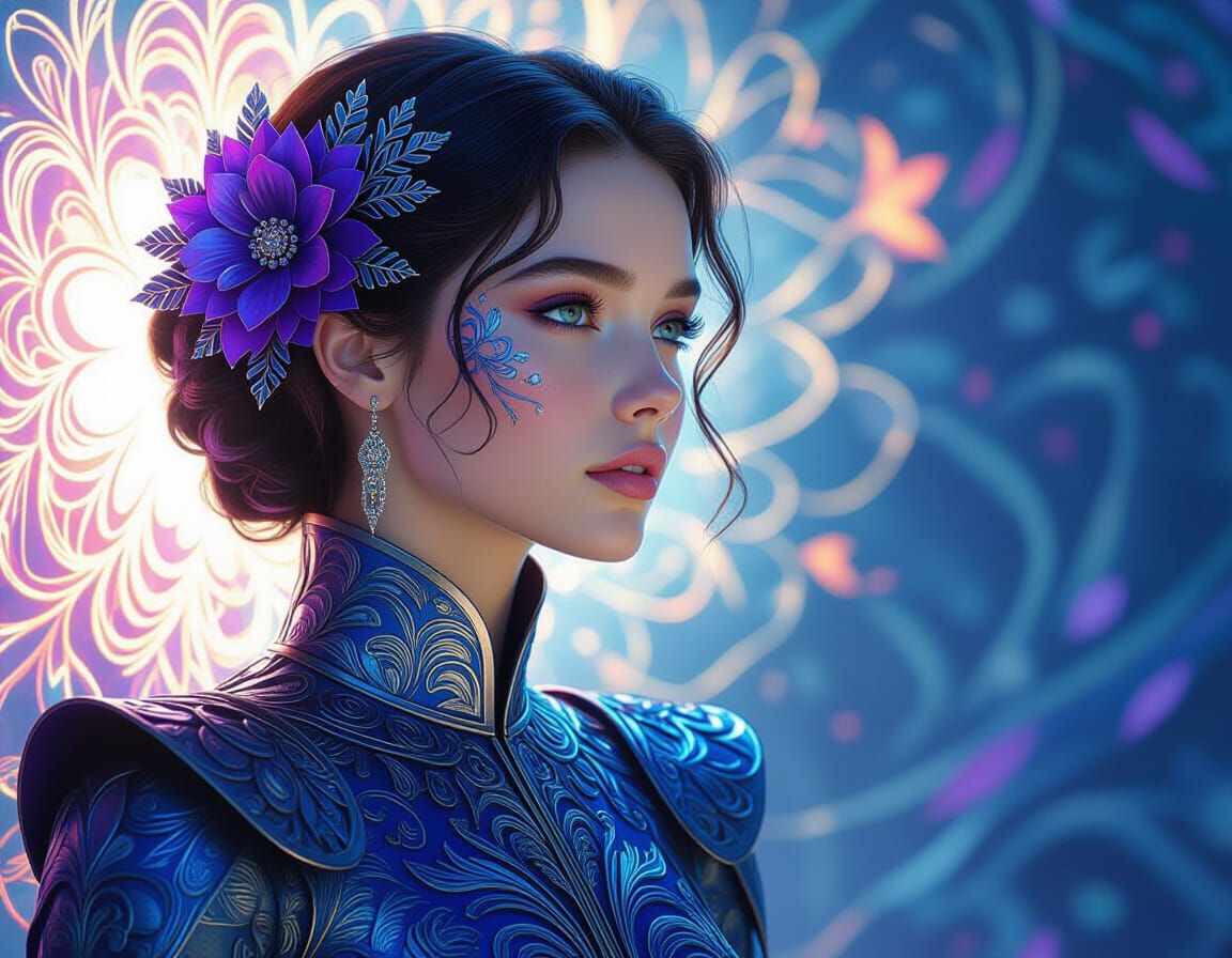 Woman in Ornate Metallic Clothing with Ethereal Lighting