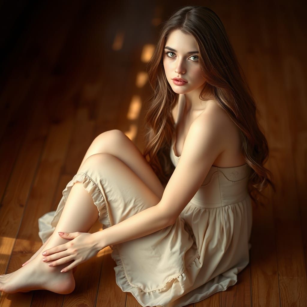 A captivating watercolor painting in the style of John Singer Sargent depicts a young woman with long, silky chestnut-co...