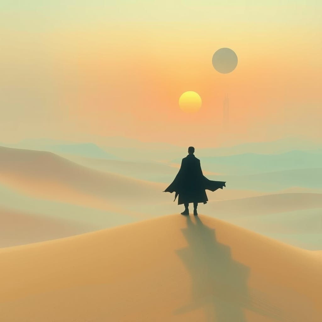 Alien Desert Landscape with Figure in Hazy Sunset