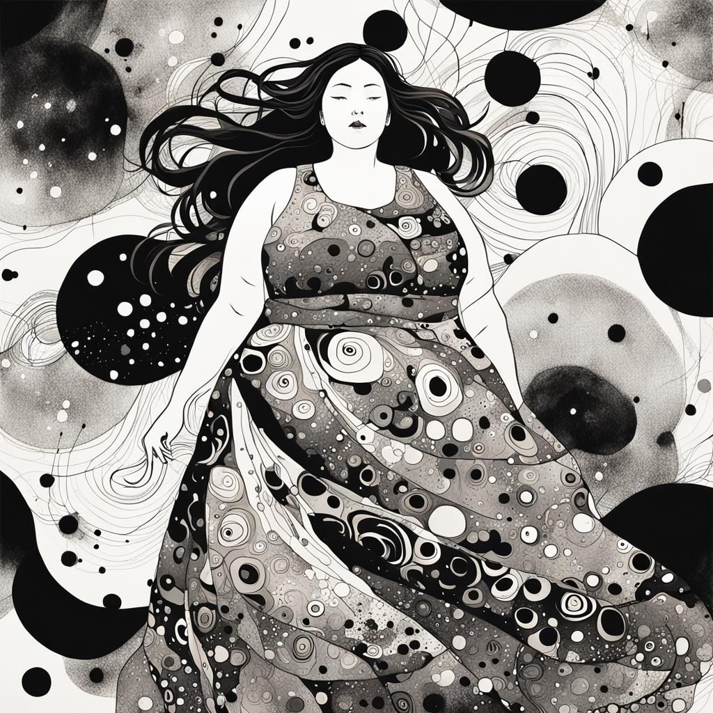 Monochrome Ink Art of a Curvy Woman in Gown