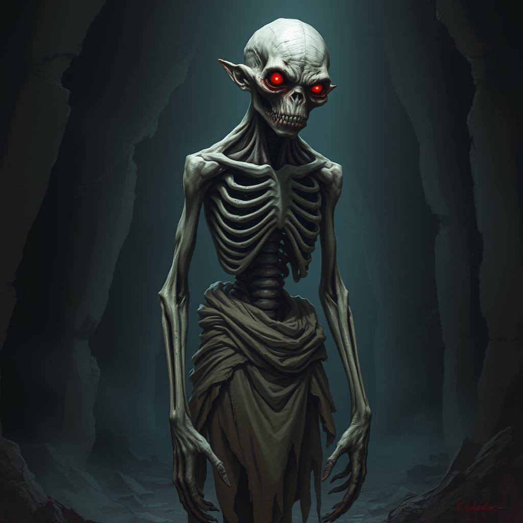 Grotesque Humanoid Creature in Dark Fantasy Ruin