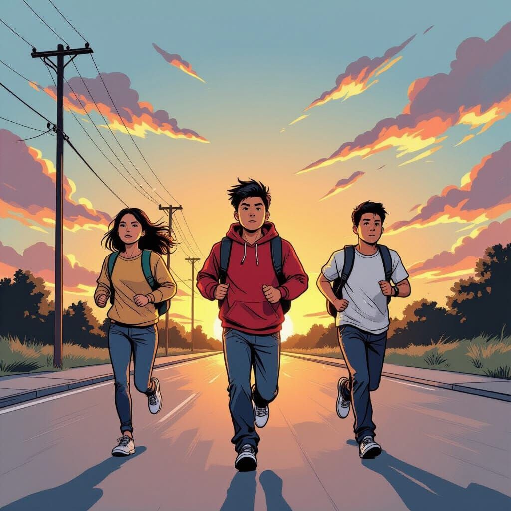 Students Flee Angry Dog at Dawn in Comic Book Style