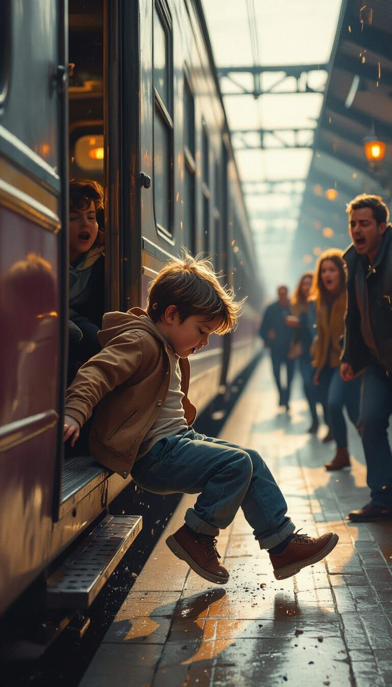 Boy Falls from Moving Train in Dramatic 2D Illustration